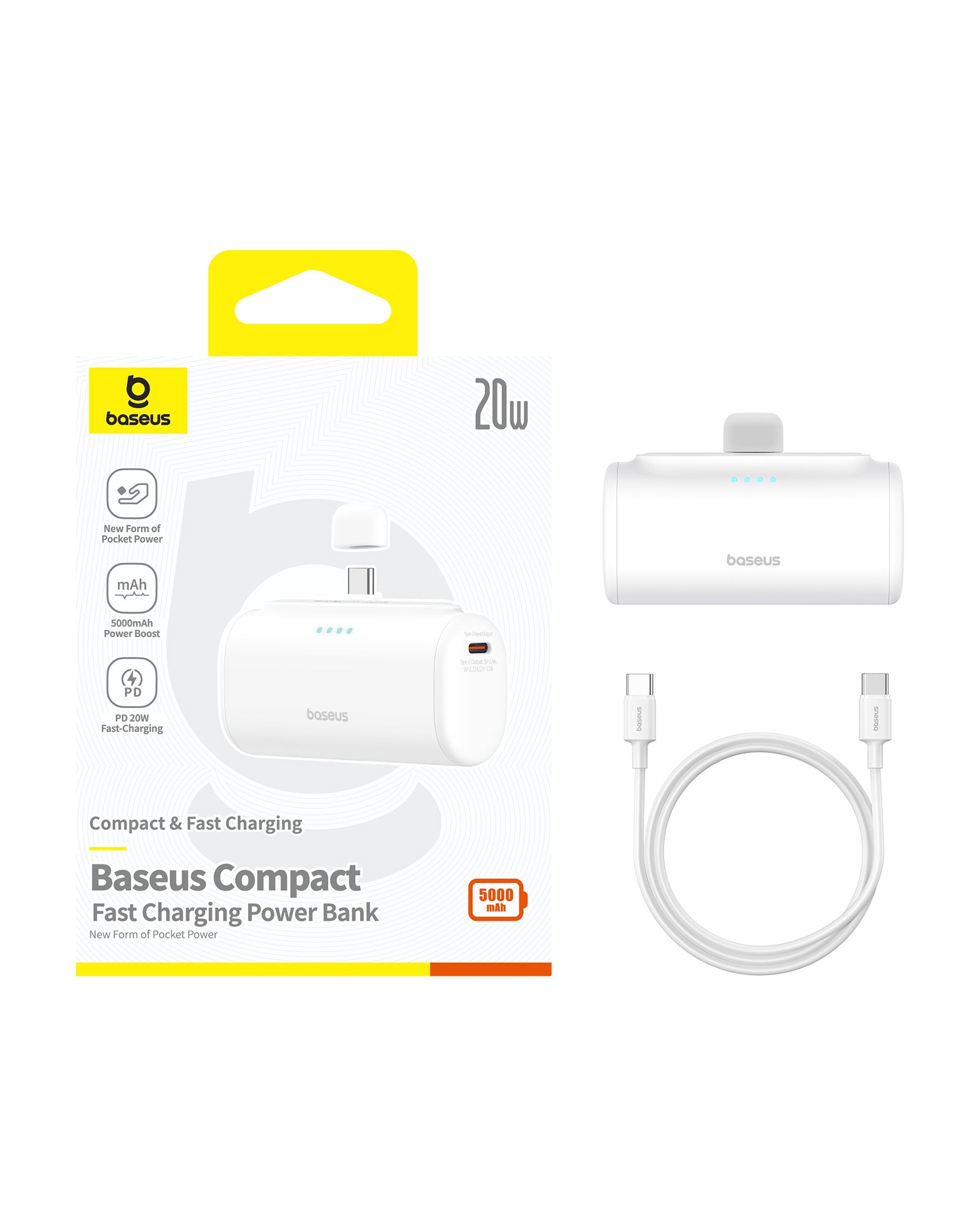 סוללת חירום קומפקטית Baseus עם טעינה מהירה 20W בולטת בלבן
