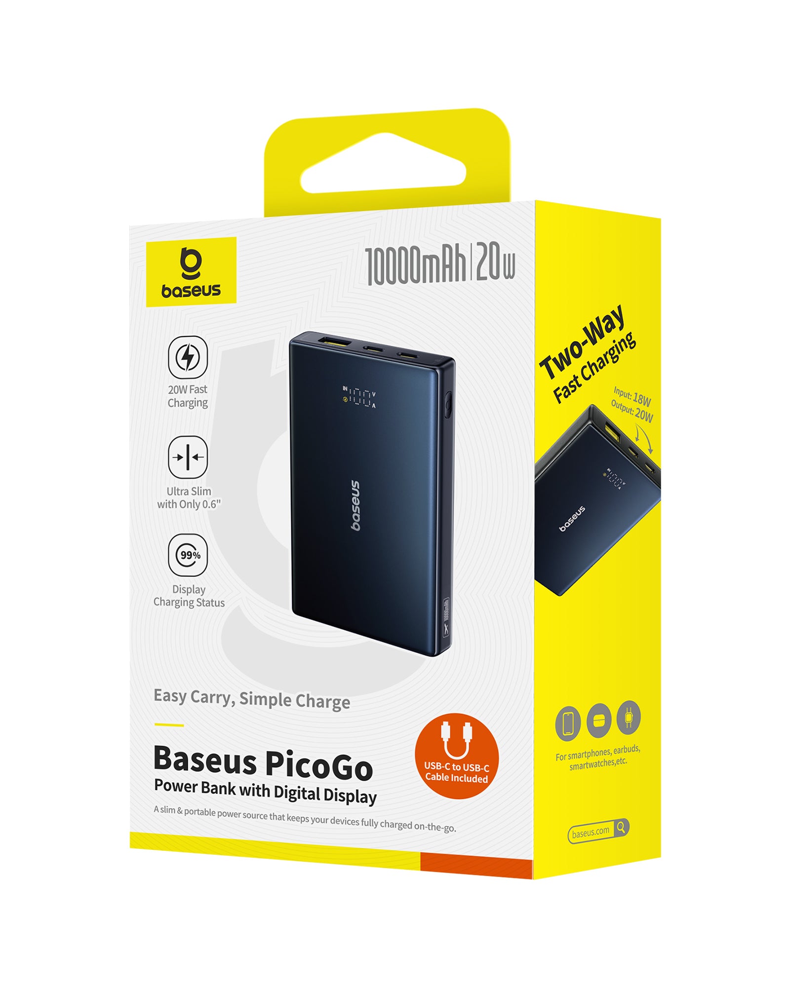 אריזת מְטען נייד Baseus PicoGo קיבולת 10000mAh עם יציאות USB-A ו-USB-C