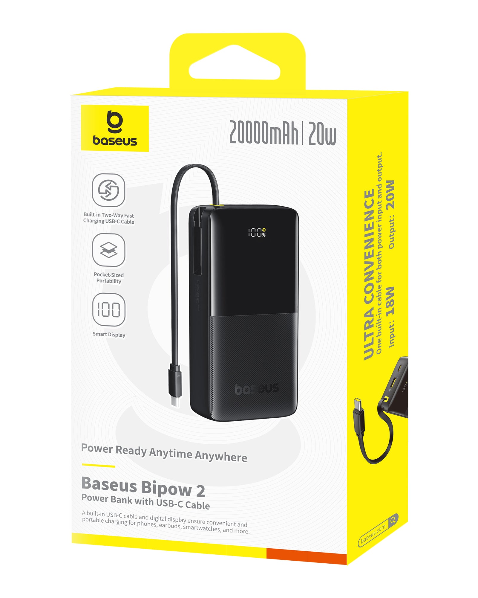 מטען נייד Baseus Bipow 2 עם כבל USB-C ומד כיול של 20000mAh ו-20W