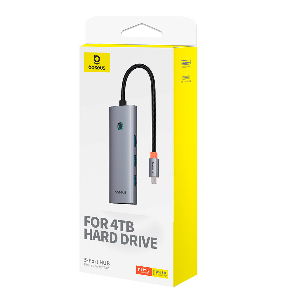Gray USB-C hub in yellow packaging for Baseus UltraJoy HUB Adapter Type-C to USB3.0 100W