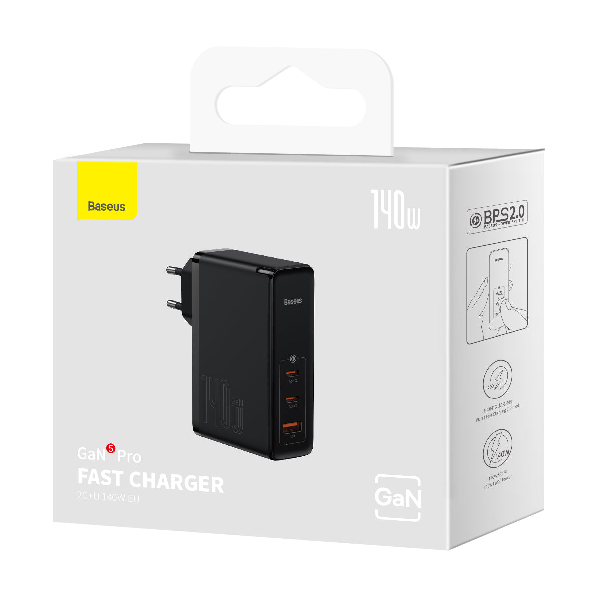 מטען מהיר Baseus 140W GaN באריזה עבור Baseus GaN5 Pro עם 2 USB-C ו-1 USB