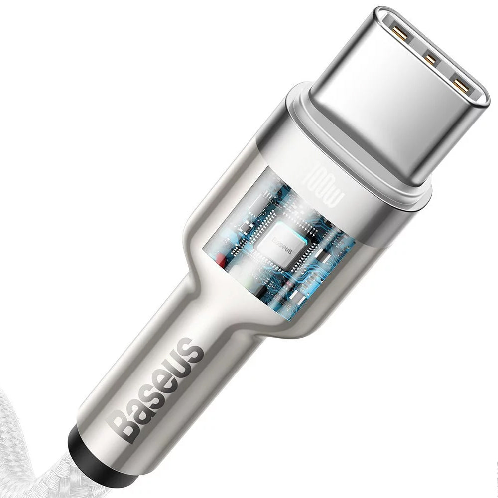 כבל USB-C כסוף עם מעגלים חשמליים נראים של Baseus Cafule Cable Type-C to Type-C 100W 2m White