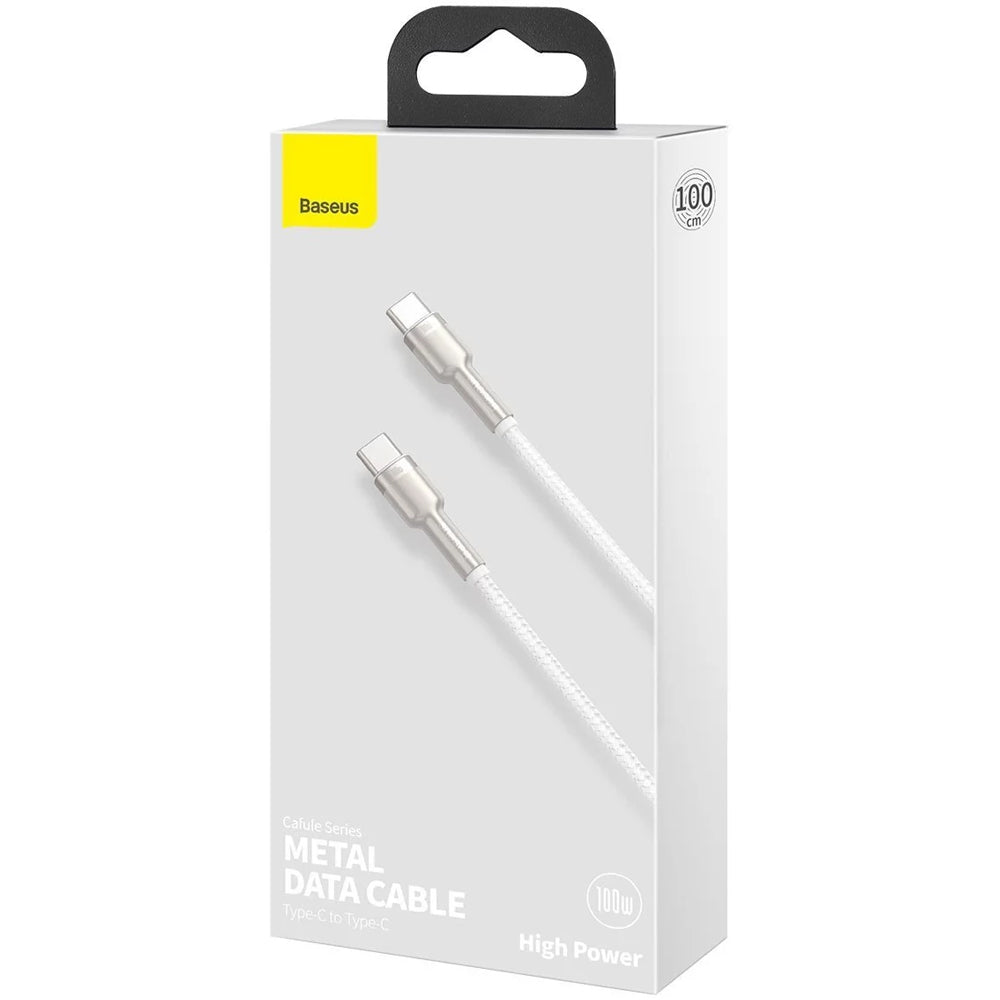 מתקן מפותל מתכת של Baseus עם אריזת כבל Data Type-C ל-Type-C 100W לבן