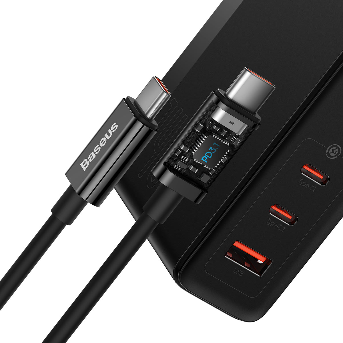 כבל USB-C שחור לטעינה מהירה עם Baseus GaN5 Pro 140W