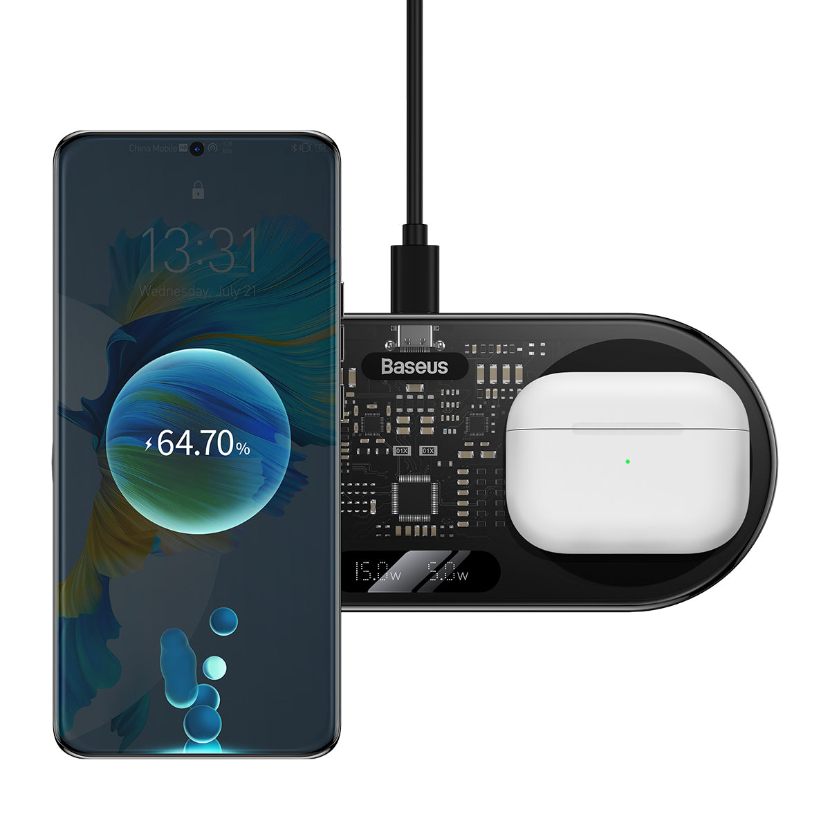 מטען אלחוטי כפול Baseus Digital LED Display 2in1 Wireless Charger 20W