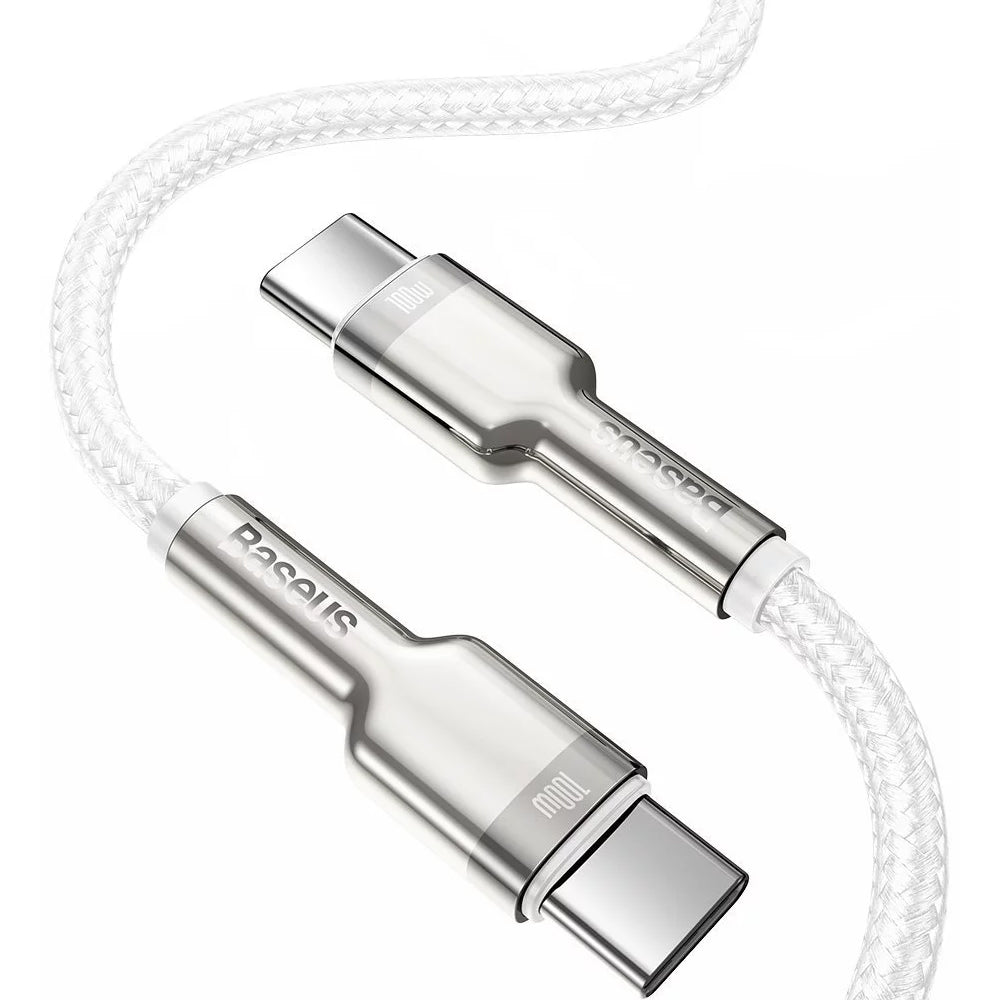 כבל USB-C לבן משולב עם מחברים סליליים מכסף מבית Baseus Cafule 100W