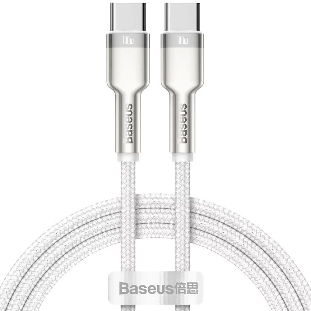 כבל טעינה לבן מבראד עם חיבור USB-C ל-USB-C של Baseus Cafule 100W