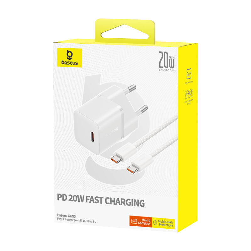 מטען קיר Baseus GaN5 20W USB-C עם כבל USB-C 1m - לבן