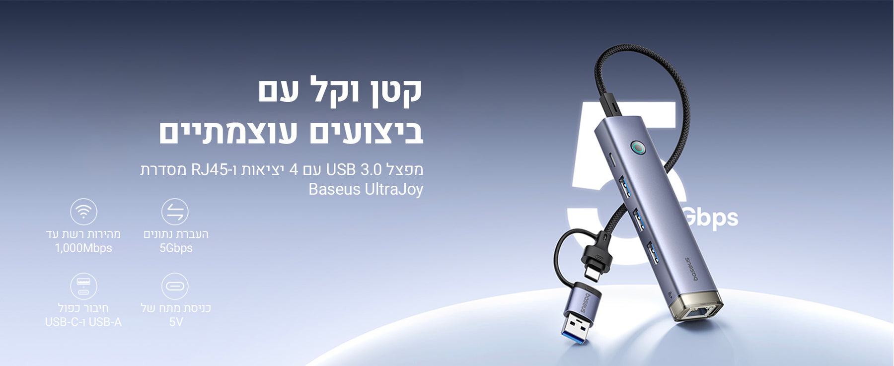 Baseus UltraJoy Series 4-Port USB-A&Type-C to USB 3.0*3+RJ4 feature imageמפצל Series 4-Port USB-A&Type-C to USB 3.0*3+RJ45 מבית Baseus